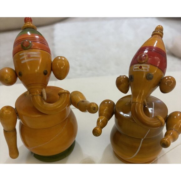 Wooden Indian Elephant Ganesha Set Of 2 Handcrafted Wooden Ganapathi - Picture 6 of 14